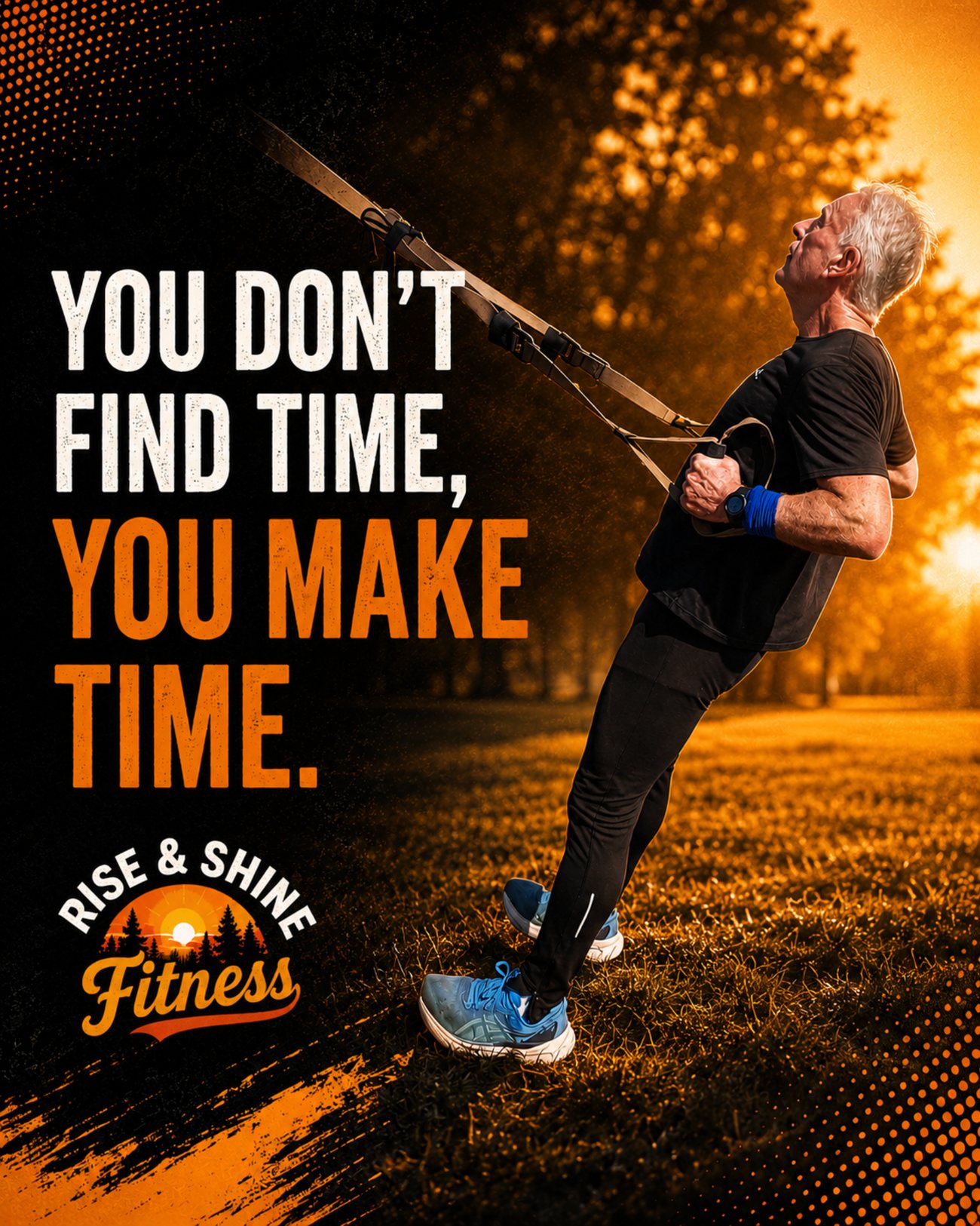 Rise & Shine Fitness member training outdoors with the message you don't find time, you make time